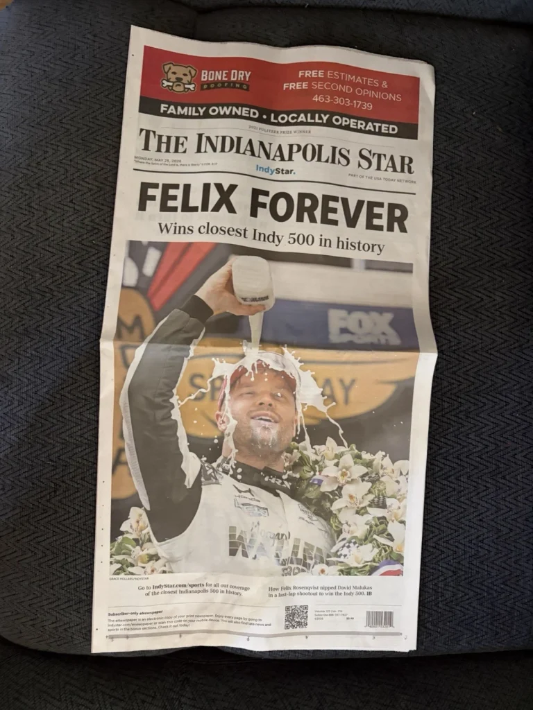 Felix Rosenqvist 2026 Indianapolis 500 Indy Star Newspaper Winner Closest Finish