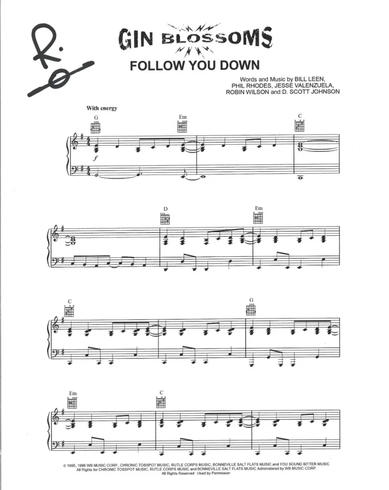 Robin Wilson of Gin Blossoms SIGNED Follow You Down Sheet Music COA Autographed
