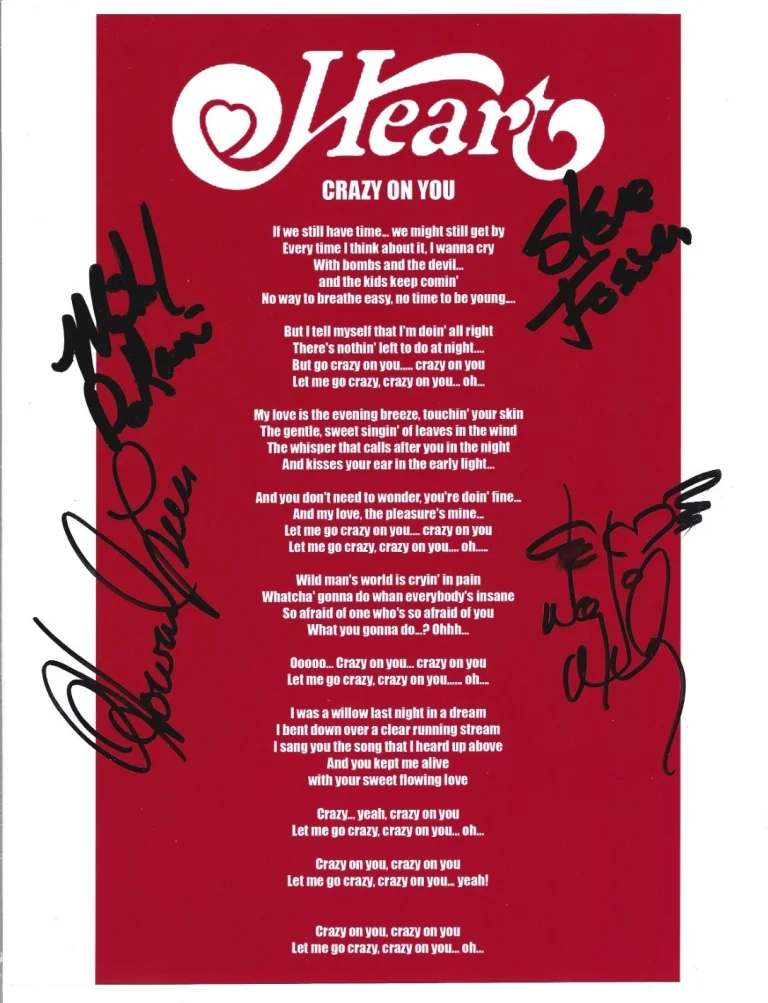 Heart band hand SIGNED Crazy On You Lyric Sheet COA Autographed Nancy Wilson +3