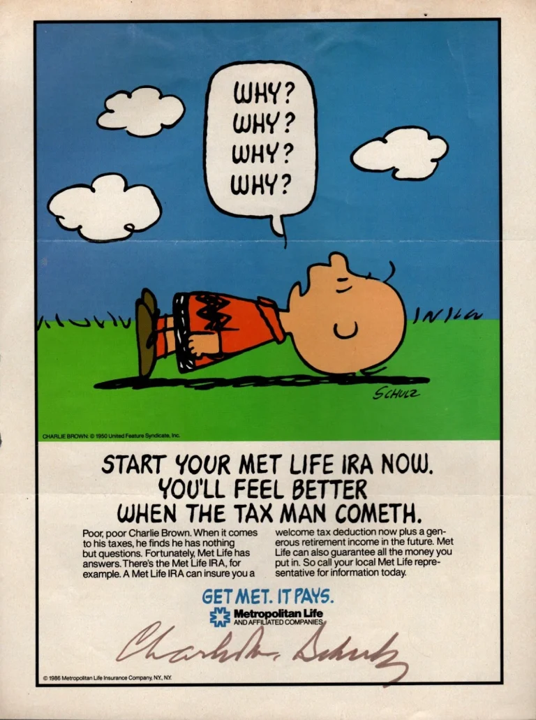 Charles Schulz SIGNED 1986 MetLife Charlie Brown Magazine Ad Peanuts JSA LOA