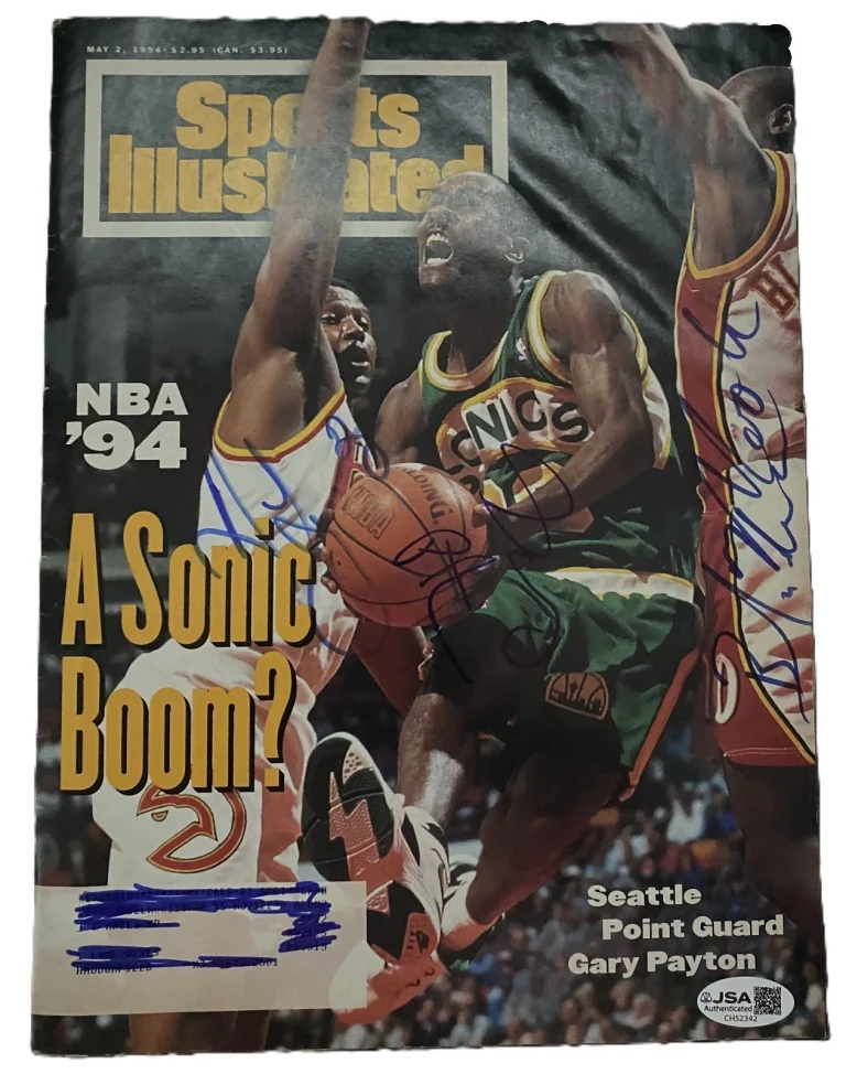 Gary Payton Mookie Blaylock Andrew Lang Signed 1994 SI Magazine JSA