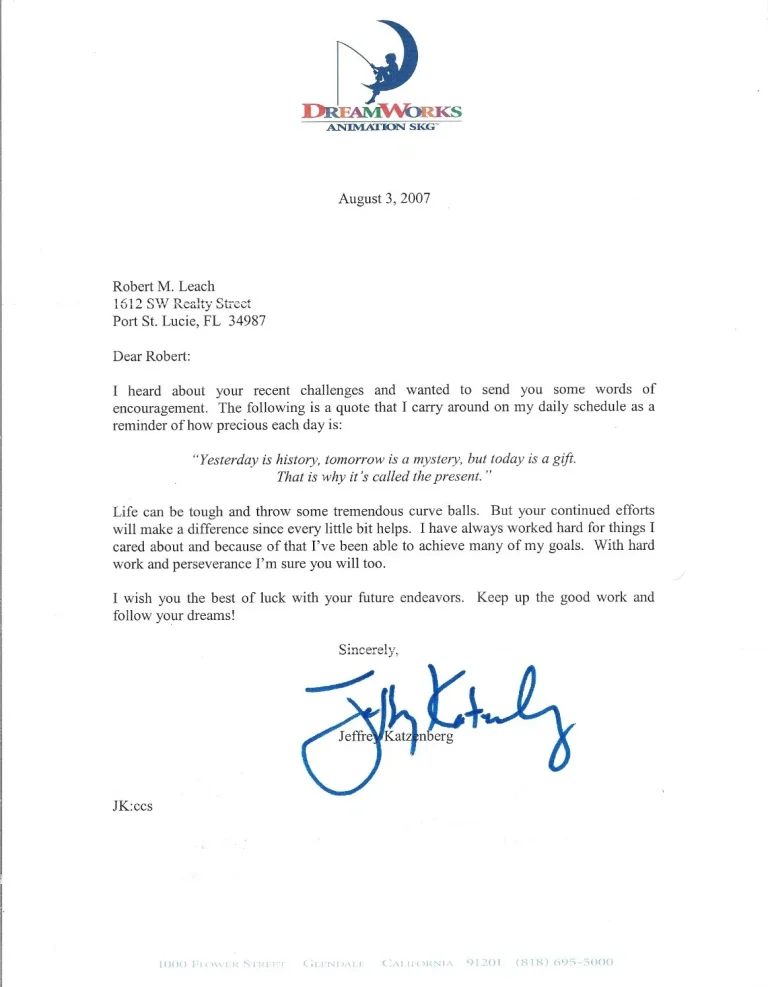 Jeffrey Katzenberg SIGNED Letter JSA COA ALS Producer Shrek Kungfu Panda Disney