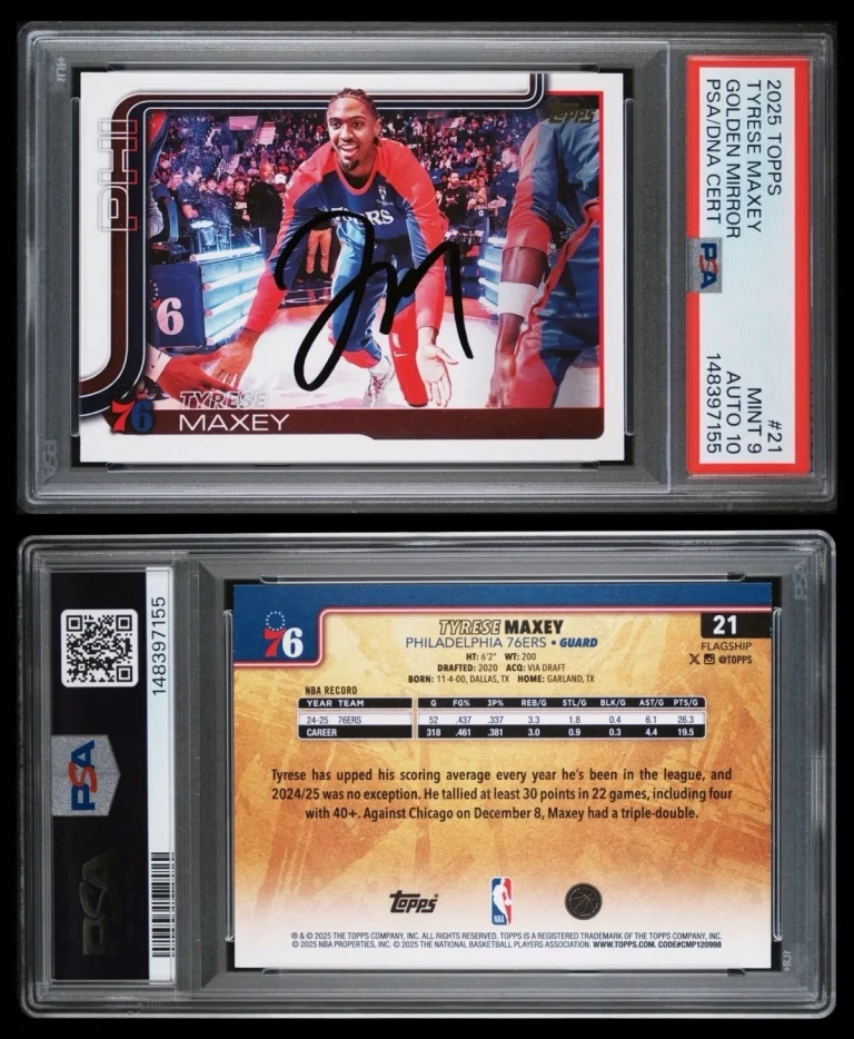 2025 Topps NBA #21 Tyrese Maxey Signed Golden Mirror SSP Card PSA MINT 9/AUTO 10