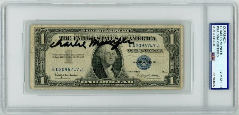 Charlie Munger Signed $1 Dollar Bill Berkshire Hathaway Buffett PSA Gem Mt 10
