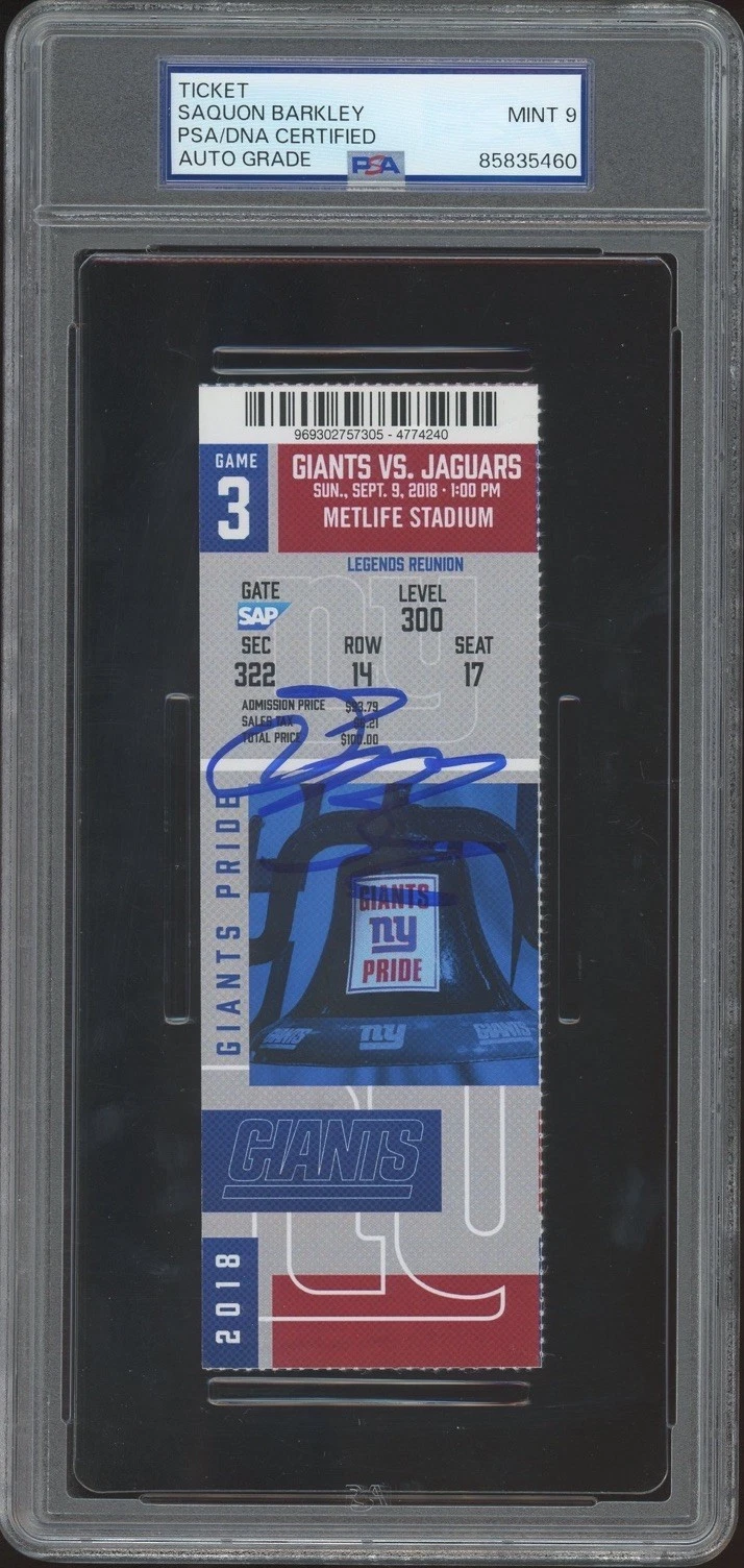 Saquon Barkley Signed NFL Debut + 1st Touchdown Ticket Stub 9/9/2018 PSA 9 AUTO