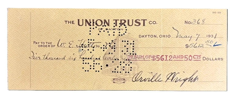 Orville Wright Signed 1931 Check Wright Brothers Kittyhawk Beckett BAS LOA