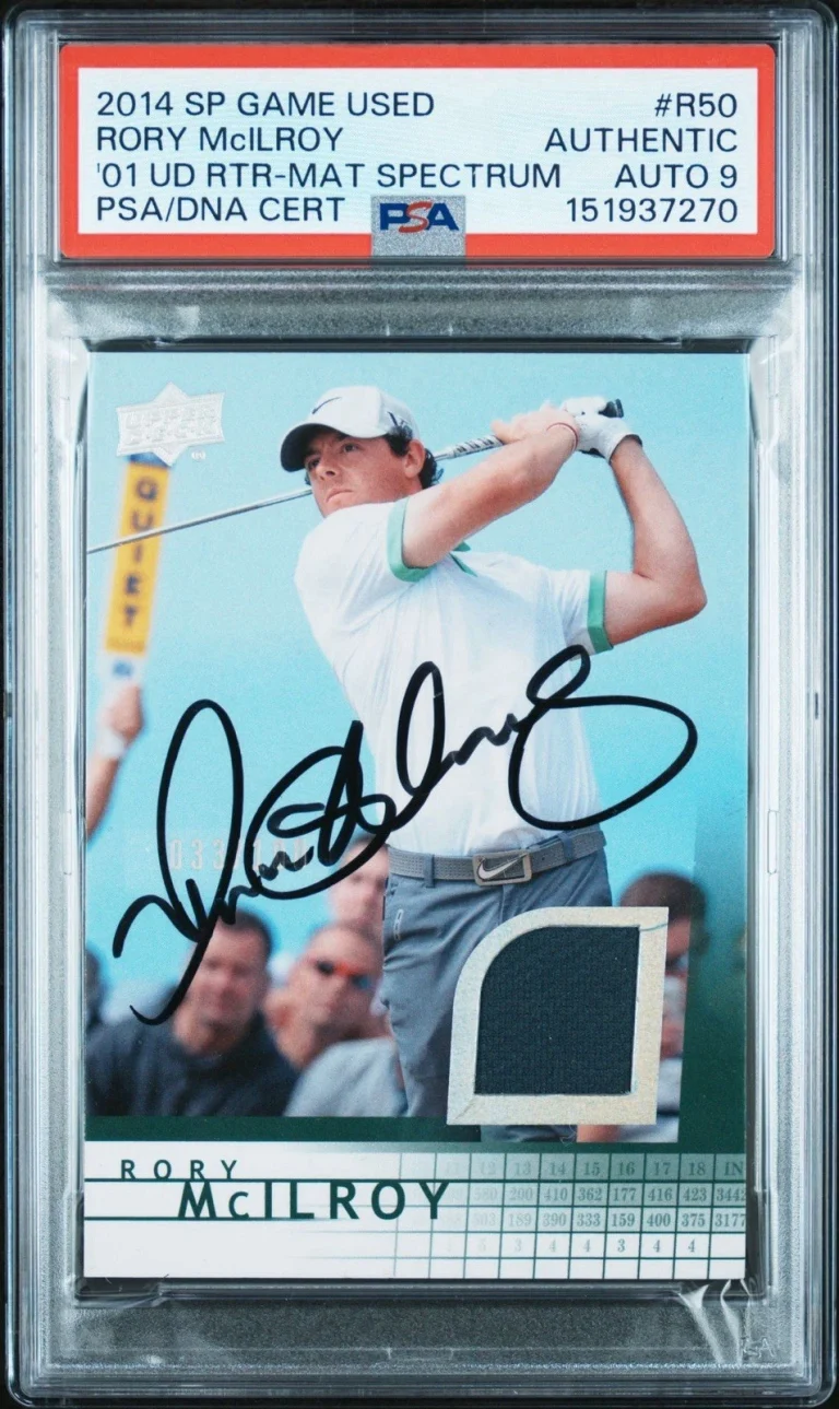 2014 SP Game Used Golf #R50 Rory Mcilroy Rookie Spectrum Mat /100 PSA AUTO 9