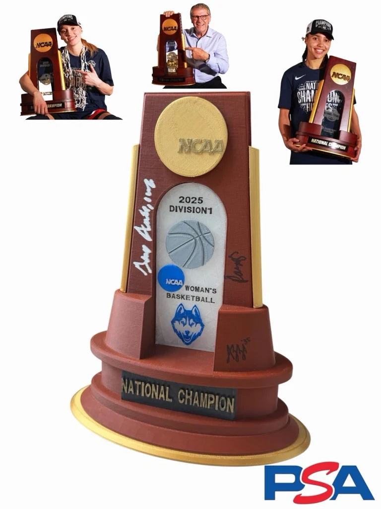 Paige Bueckers/Azzi Fudd/Geno Auriemma Signed 2025 Champion Trophy UConn PSA