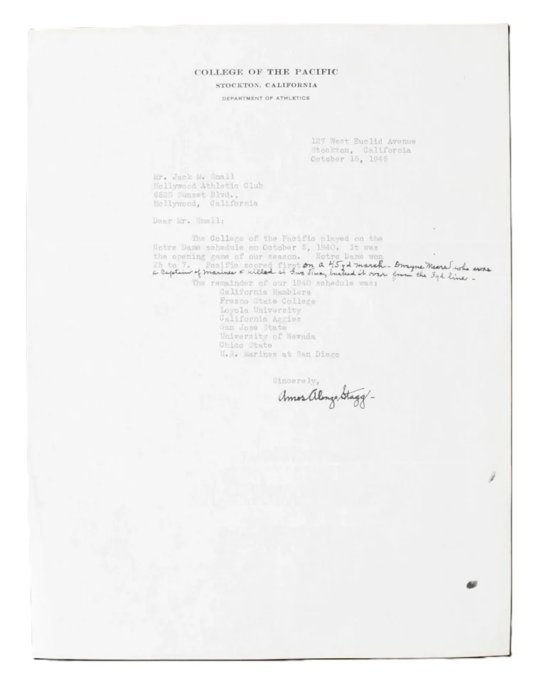 Amos Alonzo Stagg Signed 1945 Typed Letter Notre Dame Content PSA PSA/DNA 10