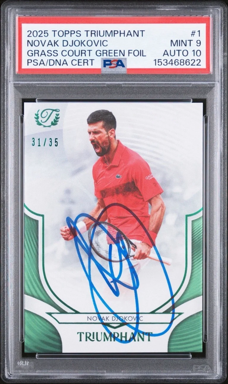 2025 Topps Triumphant #1 Novak Djokovic Grass Court Green Foil /35 PSA 9/AUTO 10