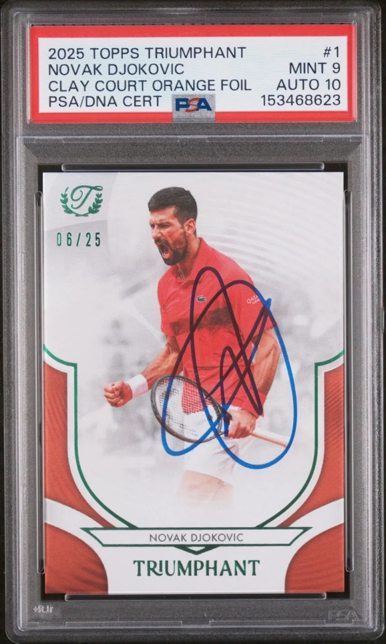 2025 Topps Triumphant #1 Novak Djokovic Clay Court Orange Foil /25 PSA 9/AUTO 10