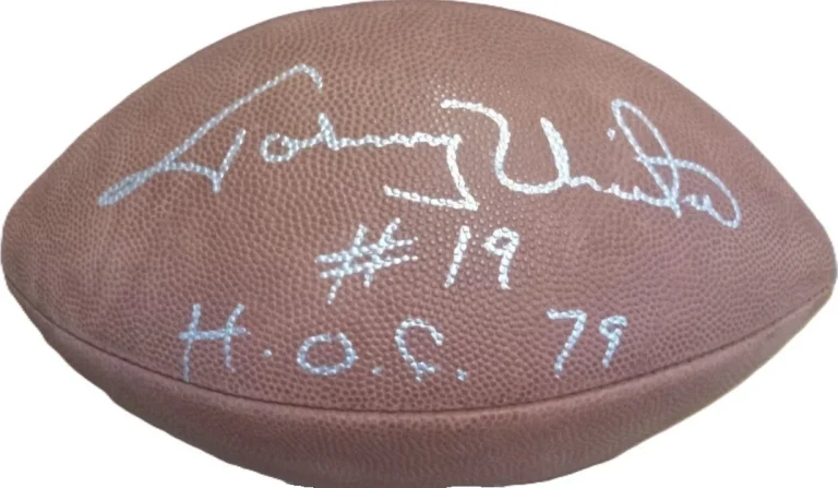 Johnny Unitas Signed #19 HOF 79 Inscribed Leather NFL Football JSA LOA