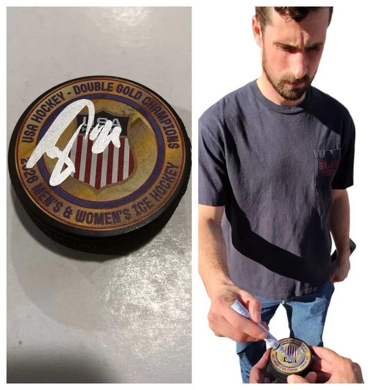 DYLAN LARKIN SIGNED 2026 USA HOCKEY GOLD PUCK W/ CASE DETROIT RED WINGS COA