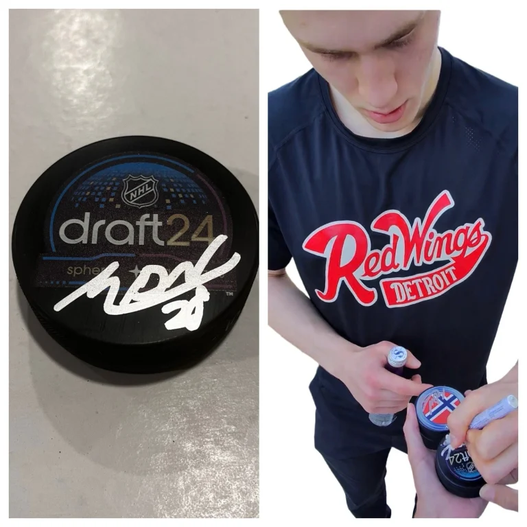 MICHAEL BRANDSEGG-NYGARD SIGNED DETROIT RED WINGS 2024 NHL DRAFT PUCK W CASE COA