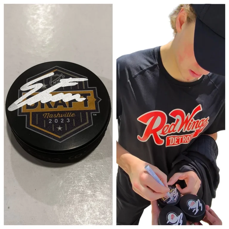 EMMITT FINNIE SIGNED DETROIT RED WINGS 2023 NHL DRAFT PUCK W/ CASE COA