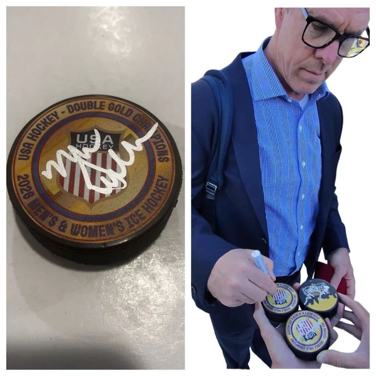 MIKE SULLIVAN SIGNED 2026 USA HOCKEY GOLD MEDAL PUCK W/ CASE COA