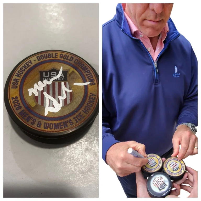MIKE SULLIVAN SIGNED 2026 USA HOCKEY GOLD MEDAL PUCK W/ CASE COA