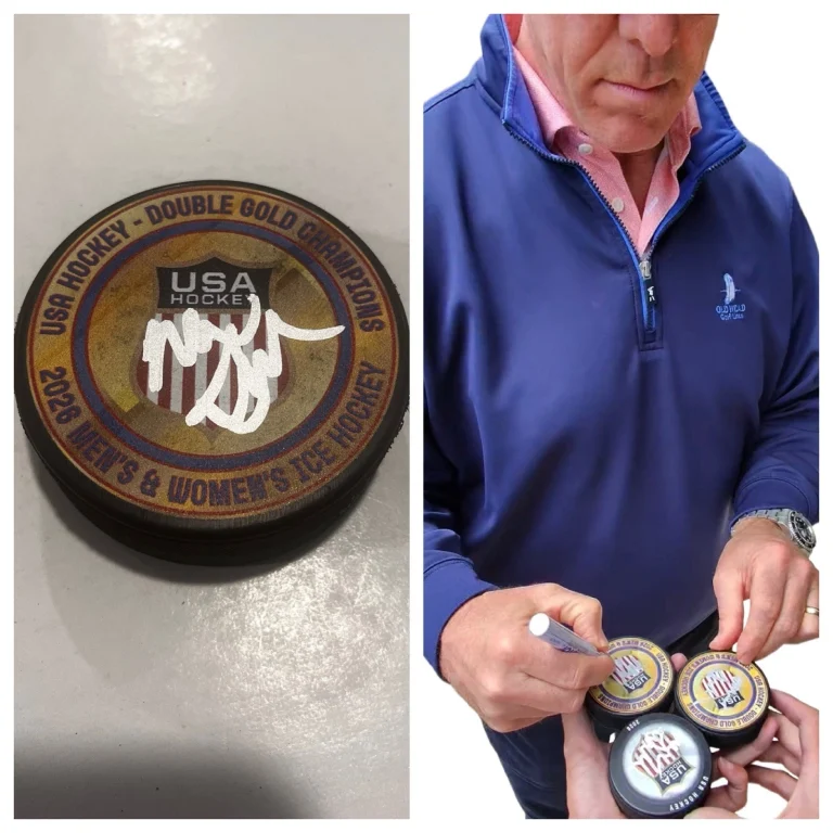 MIKE SULLIVAN SIGNED 2026 USA HOCKEY GOLD MEDAL PUCK W/ CASE COA