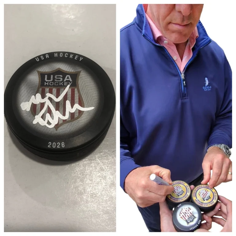 MIKE SULLIVAN SIGNED 2026 USA HOCKEY GOLD MEDAL PUCK W/ CASE COA