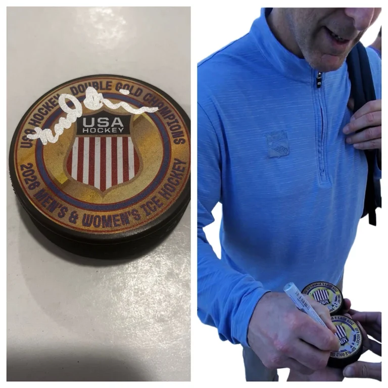 DAVID QUINN SIGNED 2026 USA HOCKEY GOLD MEDAL PUCK W/ CASE COA