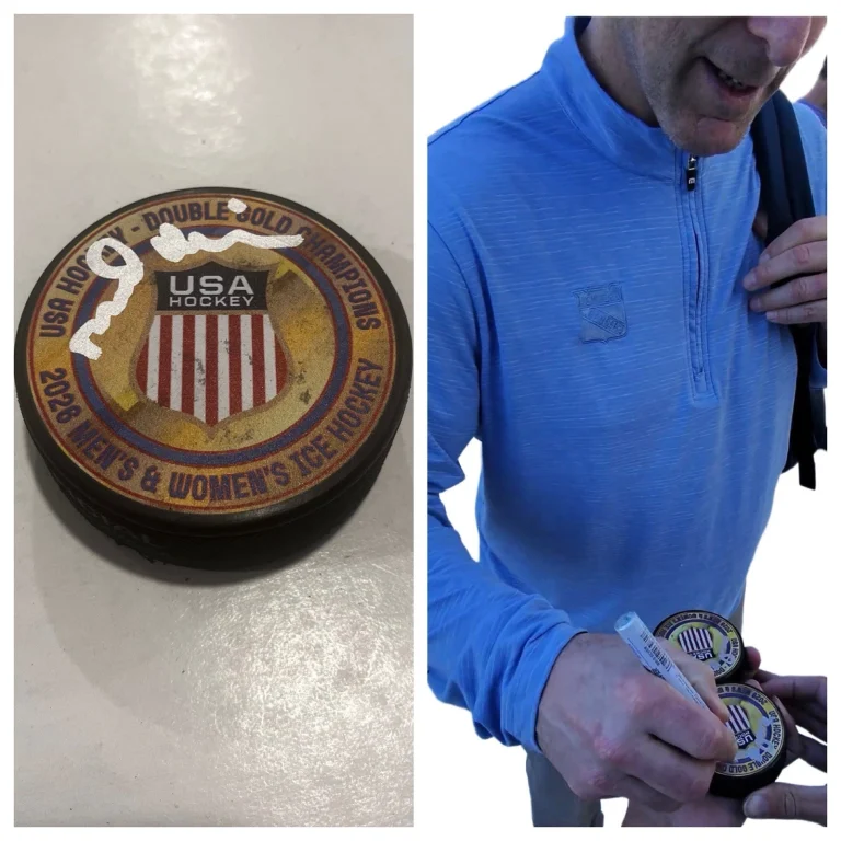 DAVID QUINN SIGNED 2026 USA HOCKEY GOLD MEDAL PUCK W/ CASE COA