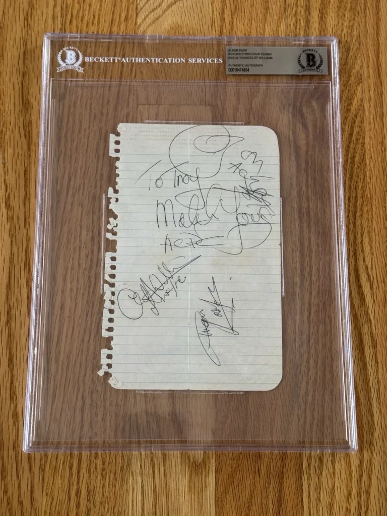 Rare AC/DC Signed Autographed Page Beckett Slabbed Angus Malcolm Cliff Bon Scott
