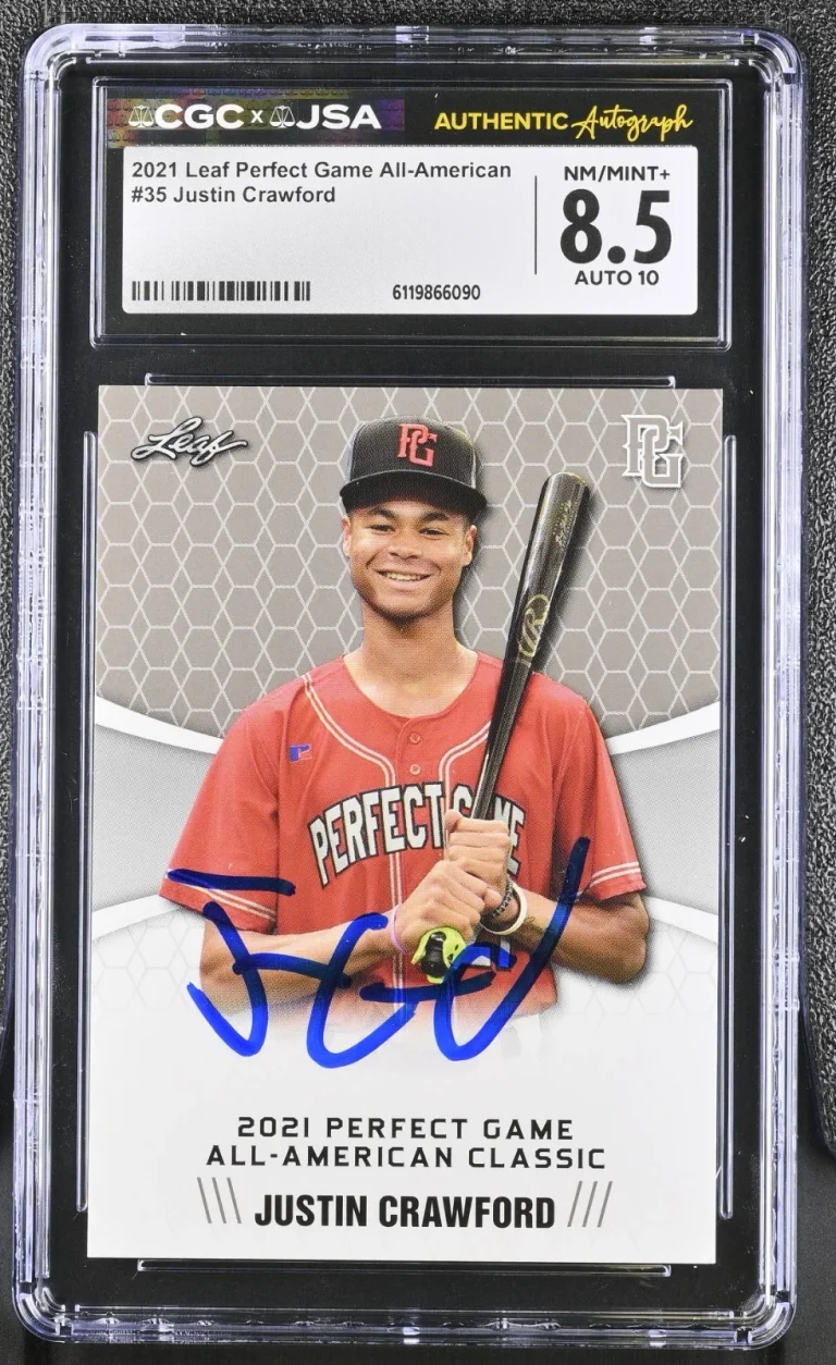 JUSTIN CRAWFORD SIGNED 2021 LEAF PERFECT GAME ROOKIE CARD 35 CGC 8.5 JSA 10 AUTO
