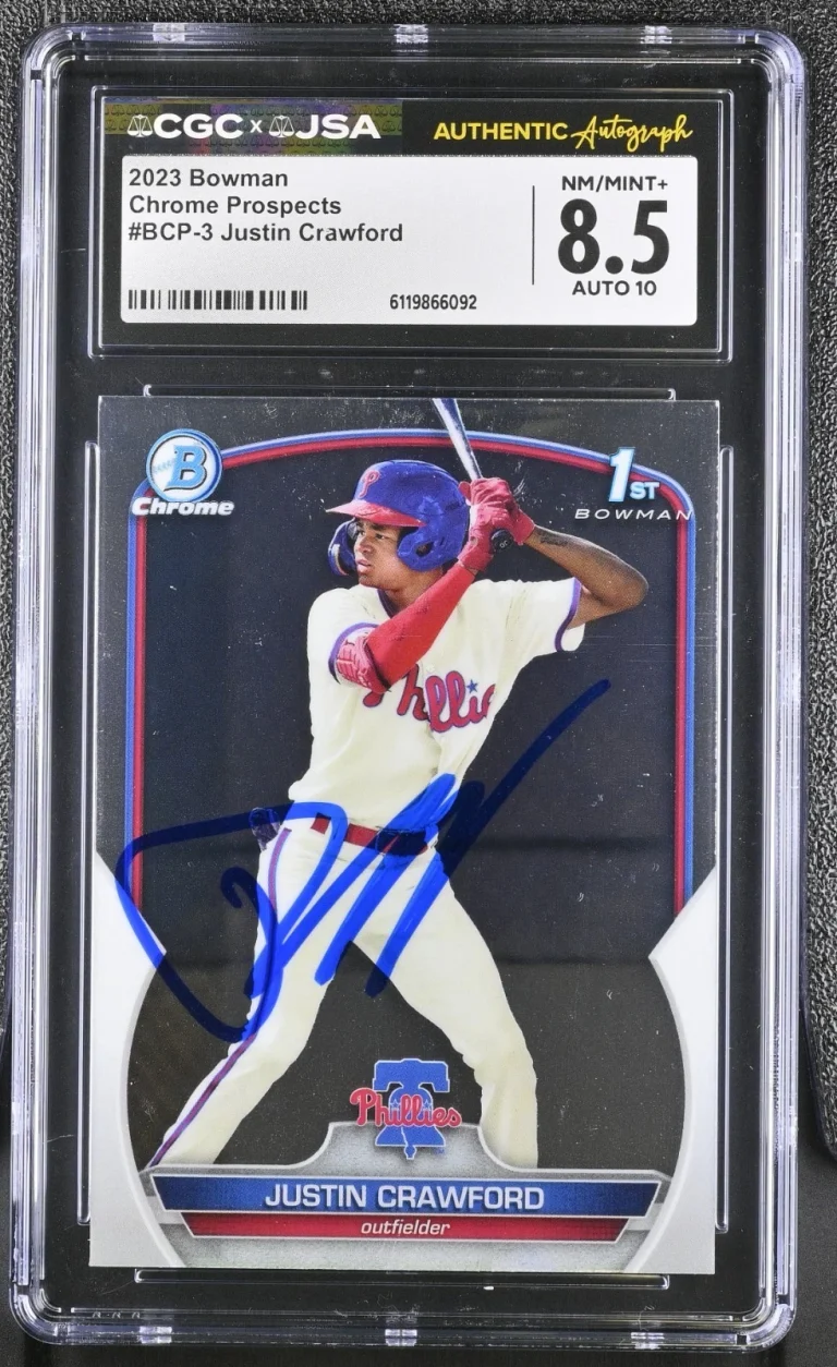 JUSTIN CRAWFORD SIGNED 2023 BOWMAN CHROME ROOKIE CARD #BCP-3 CGC 8.5 JSA 10 AUTO