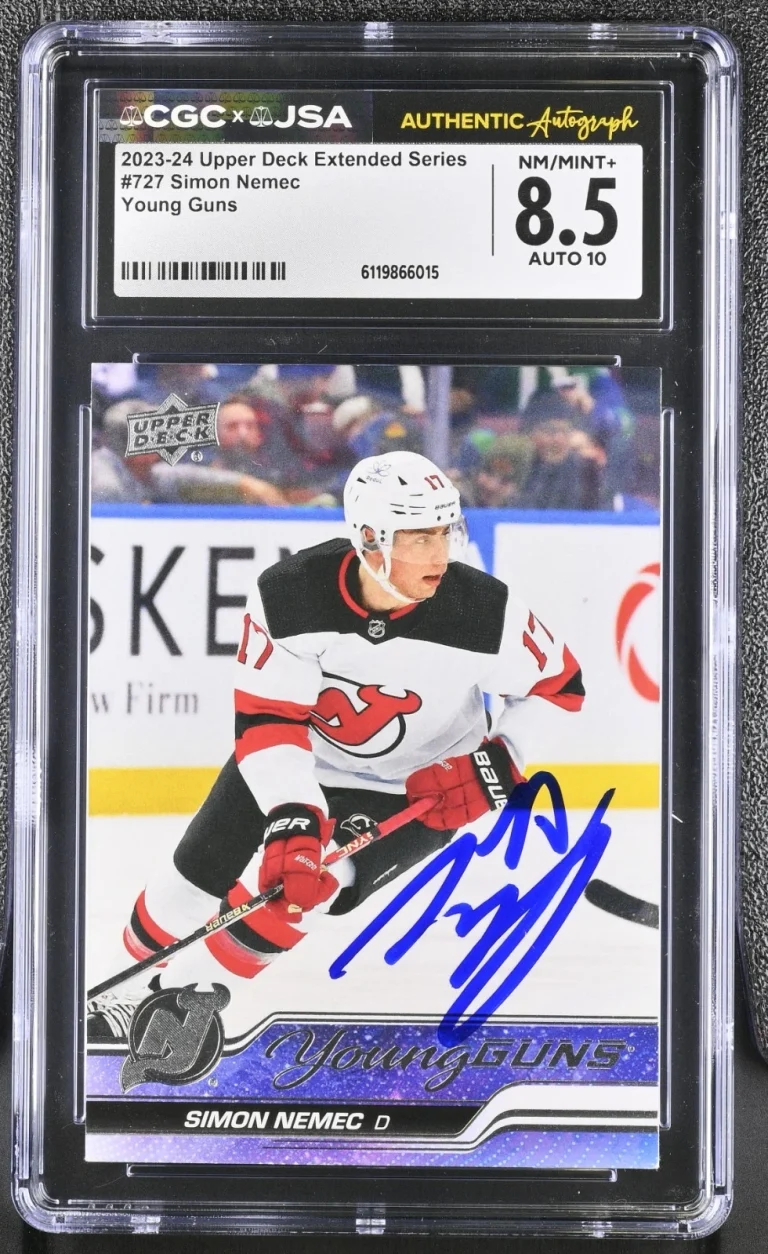 SIMON NEMEC SIGNED 2023-24 UD YOUNG GUNS ROOKIE CARD #727 CGC 8.5 JSA 10 AUTO