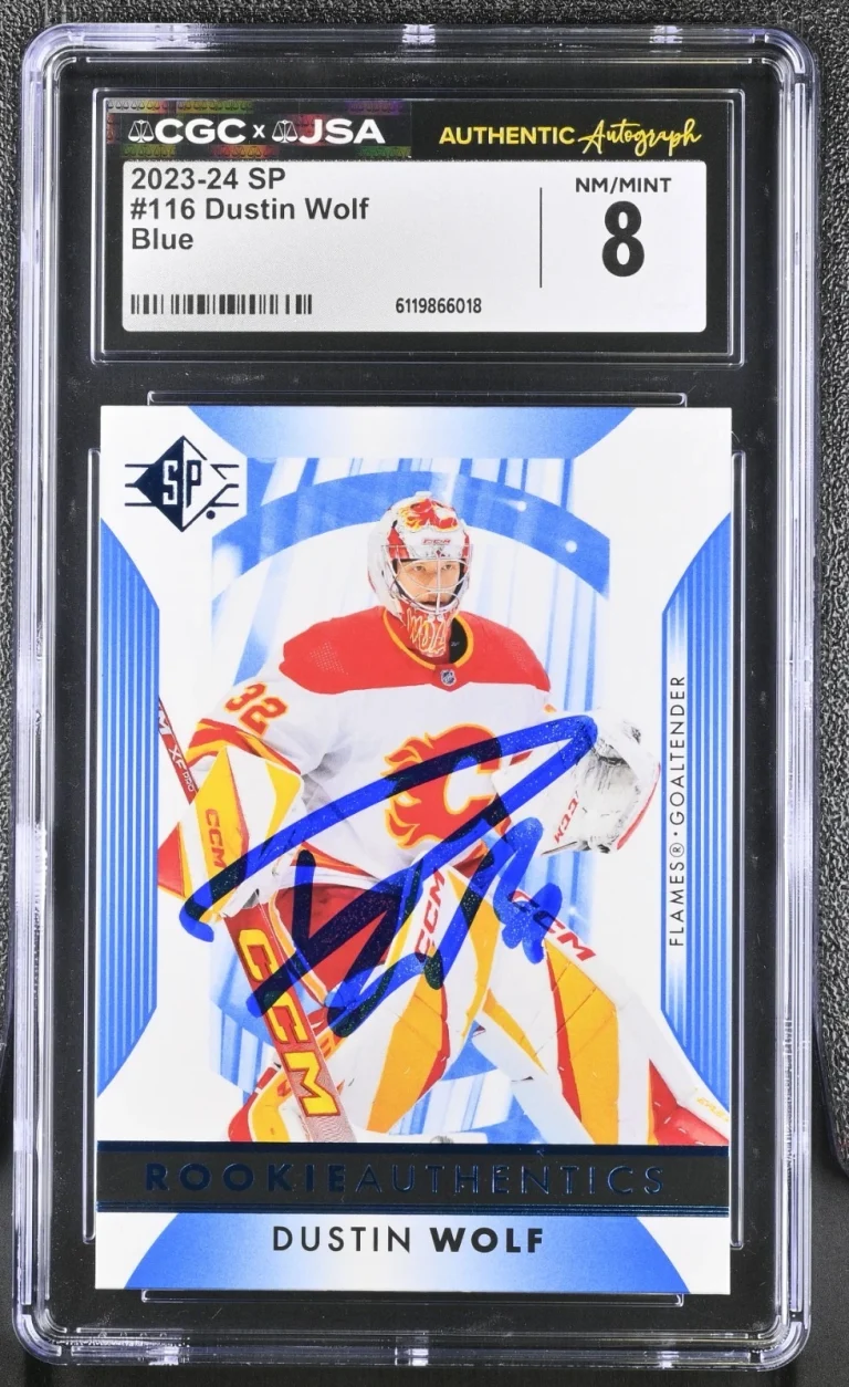 DUSTIN WOLF SIGNED 2023-24 SP BLUE ROOKIE CARD #116 CGC 8 JSA AUTO