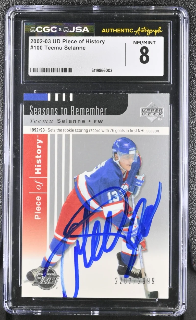 TEEMU SELANNE SIGNED 2002-03 UD PIECE OF HISTORY CARD #100 CGC 8 JSA AUTO /2999