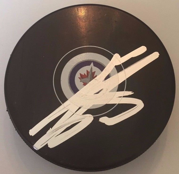 ONDREJ PAVELEC SIGNED WINNIPEG JETS PUCK W/CASE COA