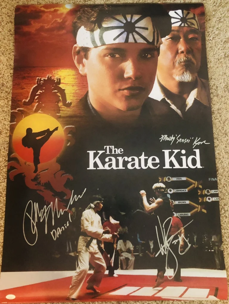 RALPH MACCHIO WILLIAM ZABKA KOVE SIGNED THE KARATE KID 24X36 MOVIE POSTER JSA