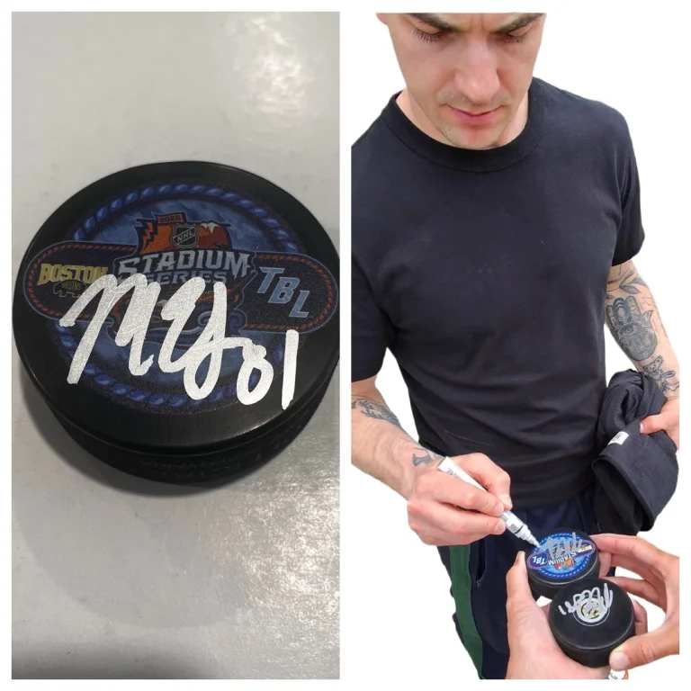 MICHAEL EYSSIMONT SIGNED BOSTON BRUINS 2026 STADIUM SERIES PUCK W/ CASE COA