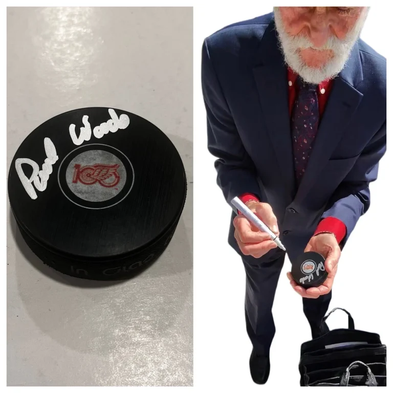 PAUL WOODS SIGNED DETROIT RED WINGS HOCKEY PUCK W/ CASE COA