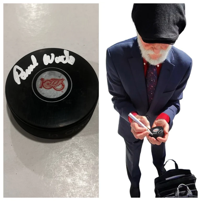 PAUL WOODS SIGNED DETROIT RED WINGS HOCKEY PUCK W/ CASE COA