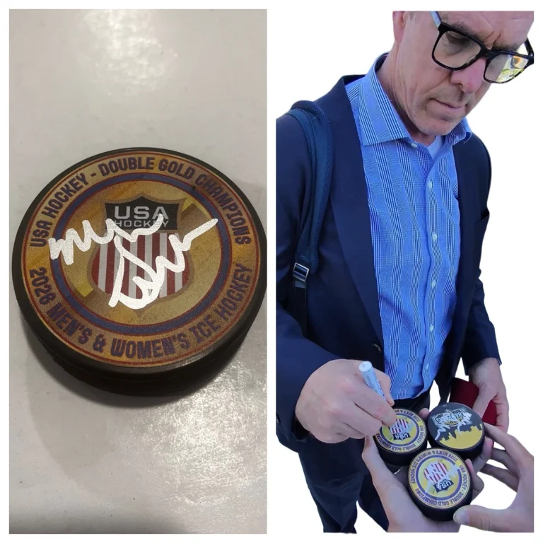 MIKE SULLIVAN SIGNED 2026 USA HOCKEY GOLD MEDAL PUCK W/ CASE COA