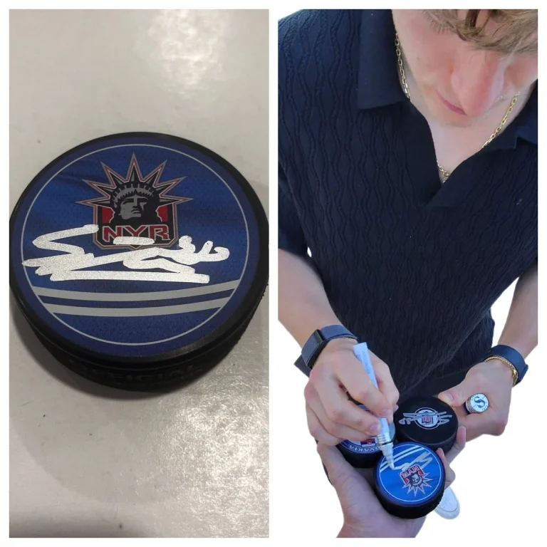 ADAM SYKORA SIGNED NEW YORK RANGERS HOCKEY PUCK W/ CASE COA