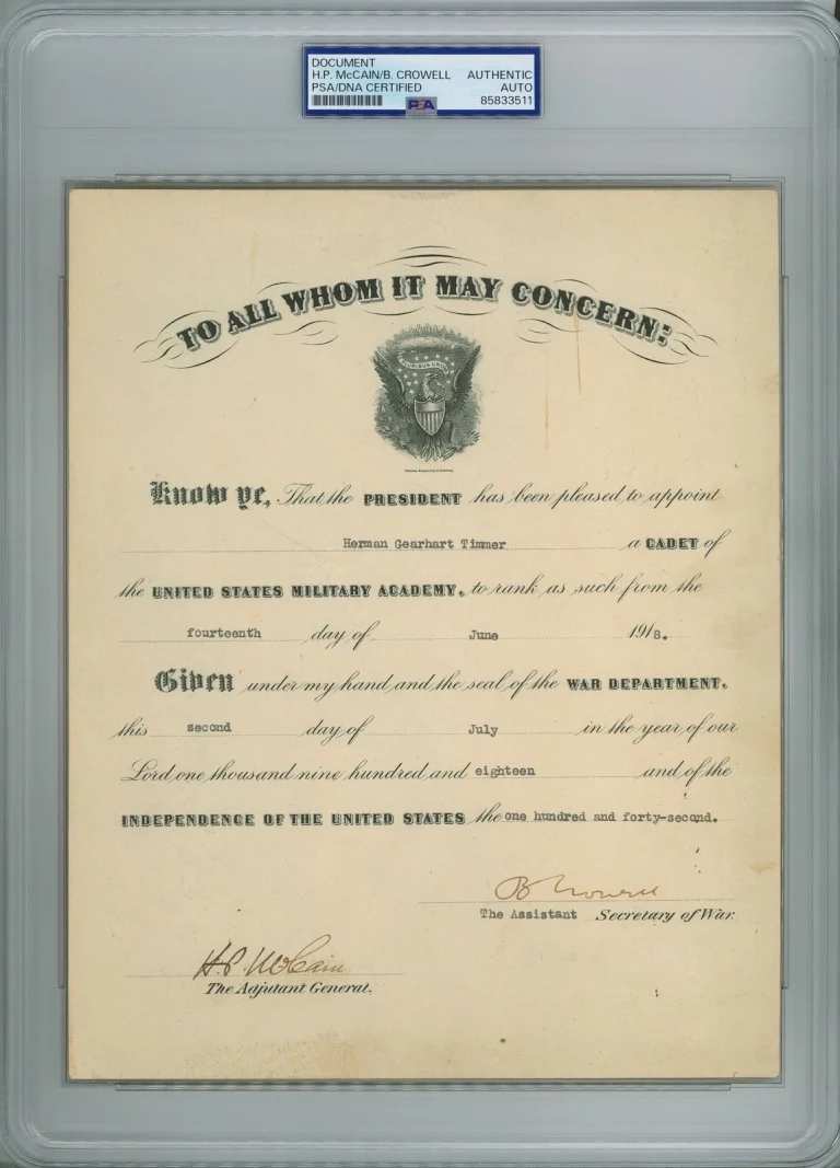 HENRY MCCAIN SIGNED MILITARY APPOINTMENT 1918 PSA DNA 85833511 HERMAN TIMMER WWI