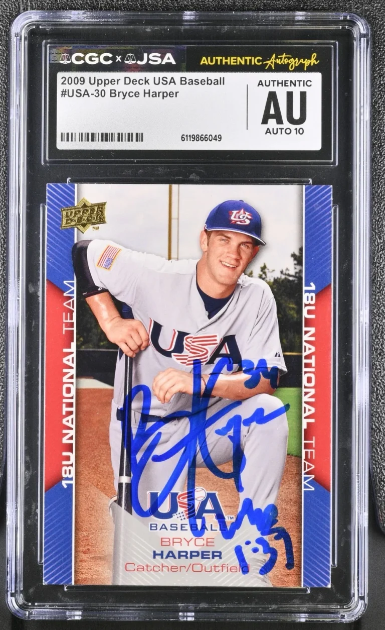 BRYCE HARPER SIGNED 2009 UPPER DECK USA ROOKIE CARD #USA-30 CGC AU JSA 10 AUTO