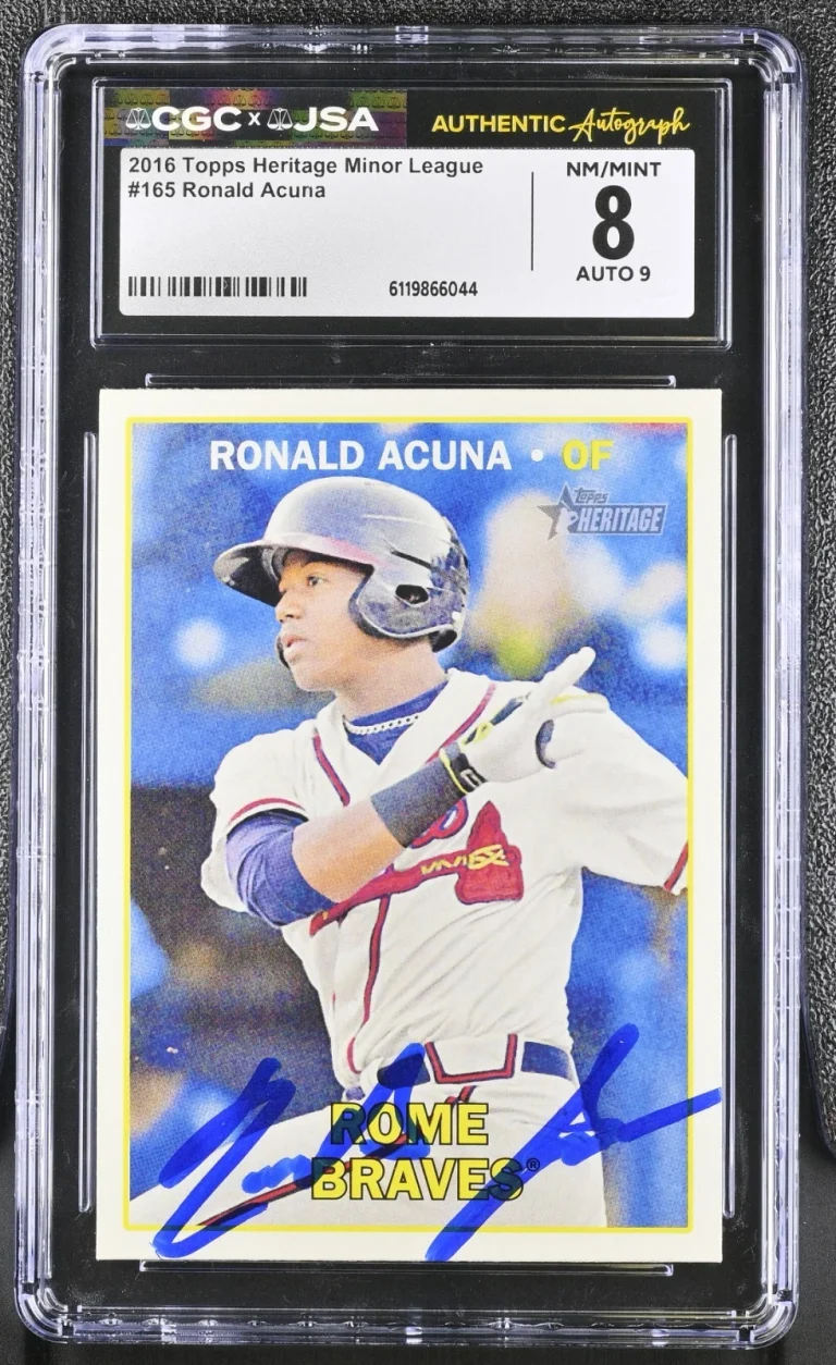 RONALD ACUNA SIGNED 2016 TOPPS HERITAGE MINORS ROOKIE CARD #165 CGC 8 JSA 9 AUTO