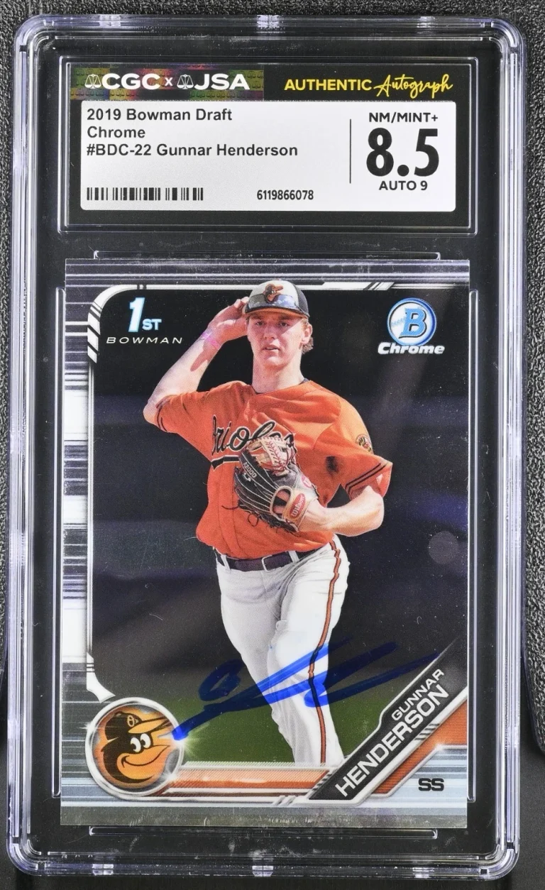 GUNNAR HENDERSON SIGNED 2019 BOWMAN DRAFT CHROME CARD #BDC-22 CGC 8.5 JSA 9 AUTO