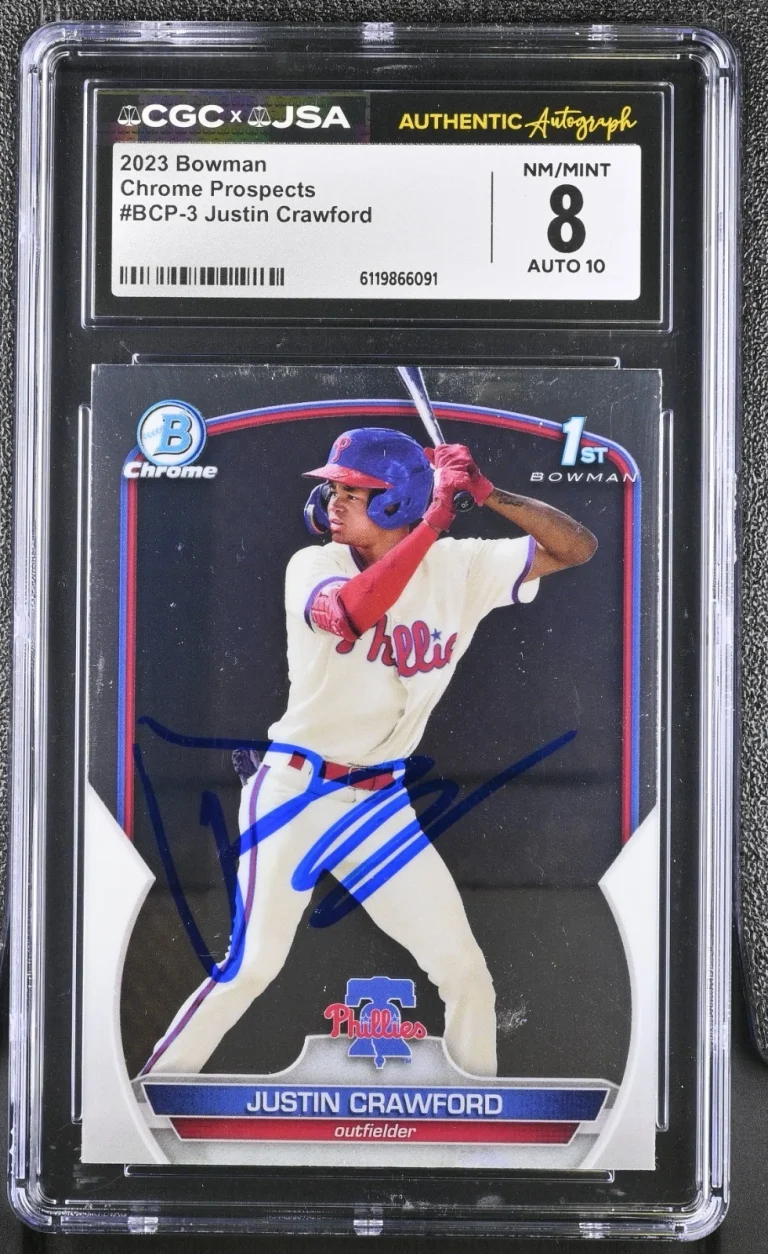 JUSTIN CRAWFORD SIGNED 2023 BOWMAN CHROME ROOKIE CARD #BCP-3 CGC 8 JSA 10 AUTO