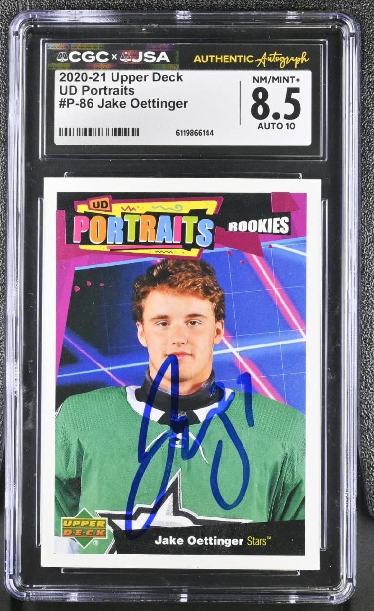 JAKE OETTINGER SIGNED 2020-21 UPPER DECK ROOKIE CARD #P-86 CGC 8.5 JSA 10 AUTO