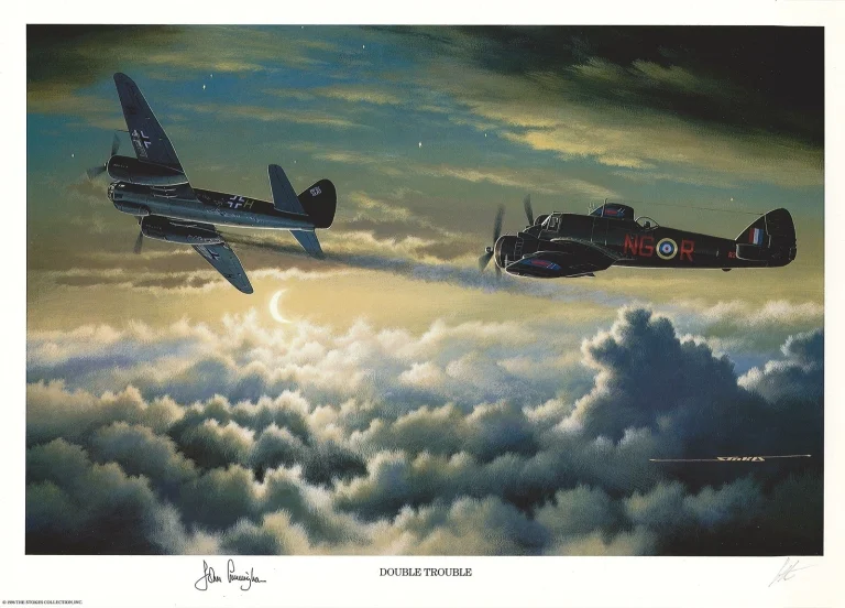 John Cunningham Signed Double Trouble Print Stan Stokes RAF Night Fighter Ace