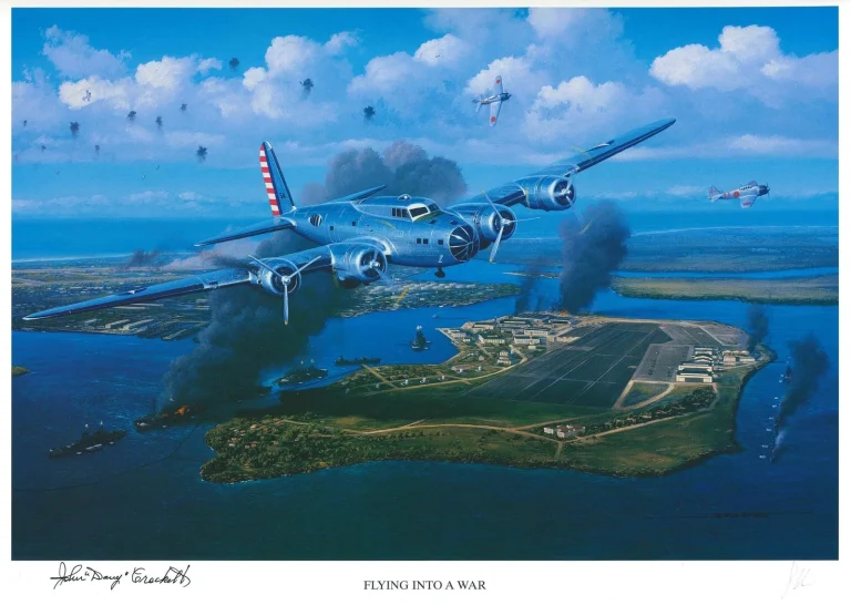John Davy Crockett Signed Flying Into A War Print Stan Stokes Pearl Harbor B-17
