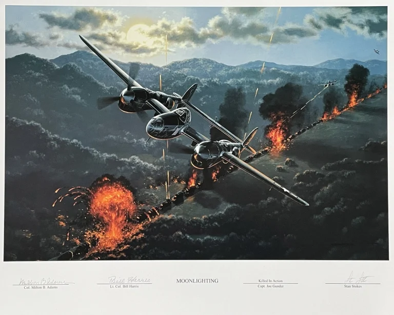 Milton Adams Bill Harris Signed Moonlighting Print Stan Stokes P-38 Lightning