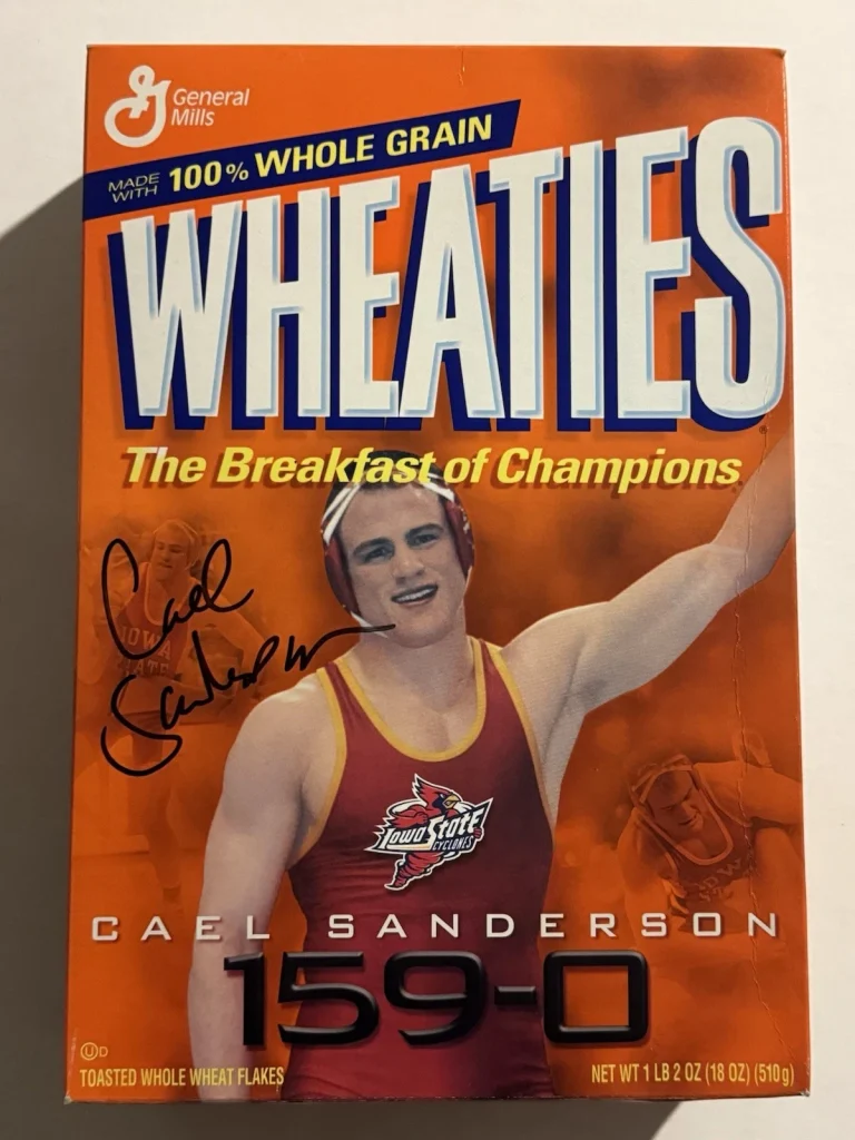 CAEL SANDERSON SIGNED FULL WHEATIES BOX AUTOGRAPHED IOWA STATE WRESTLING COA
