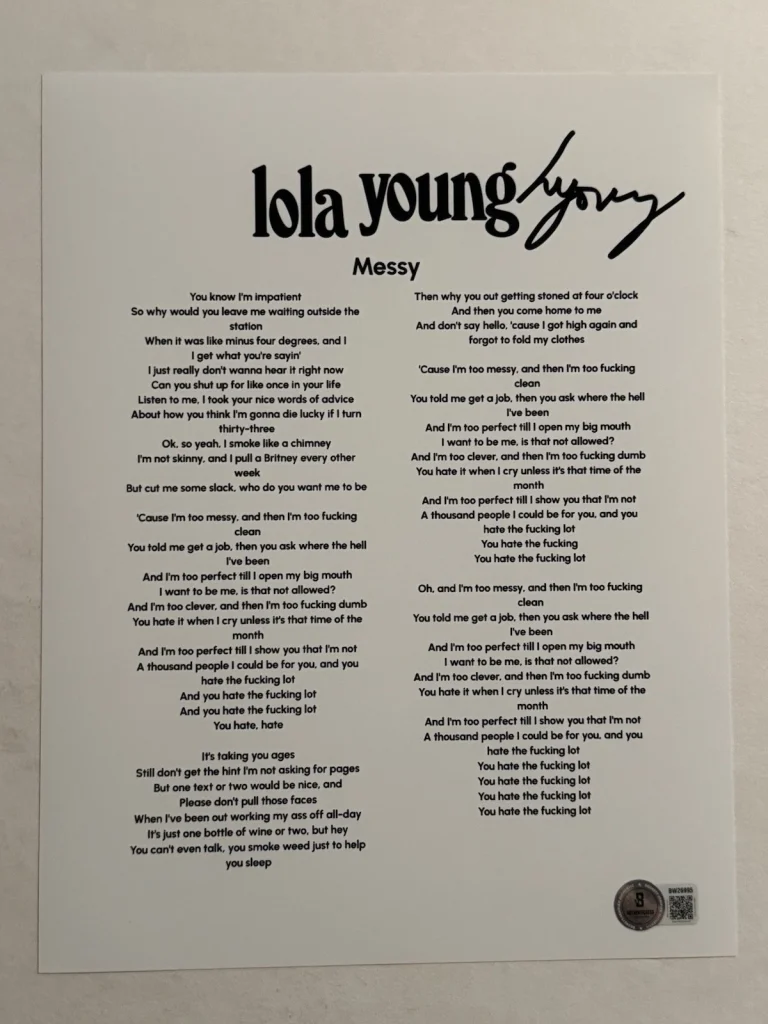 LOLA YOUNG SIGNED LYRIC SHEET AUTOGRAPHED MESSY SINGER POP STAR BAS COA