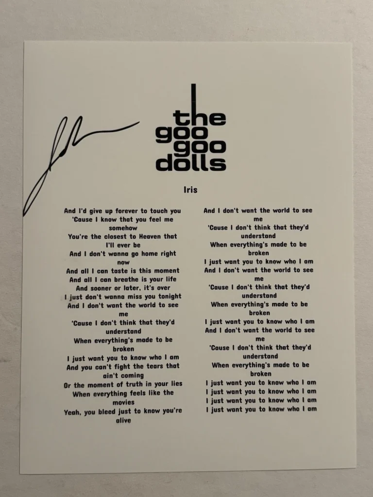 JOHNNY RZEZNIK SIGNED LYRIC SHEET AUTOGRAPHED THE GOO GOO DOLLS BAND SINGER COA